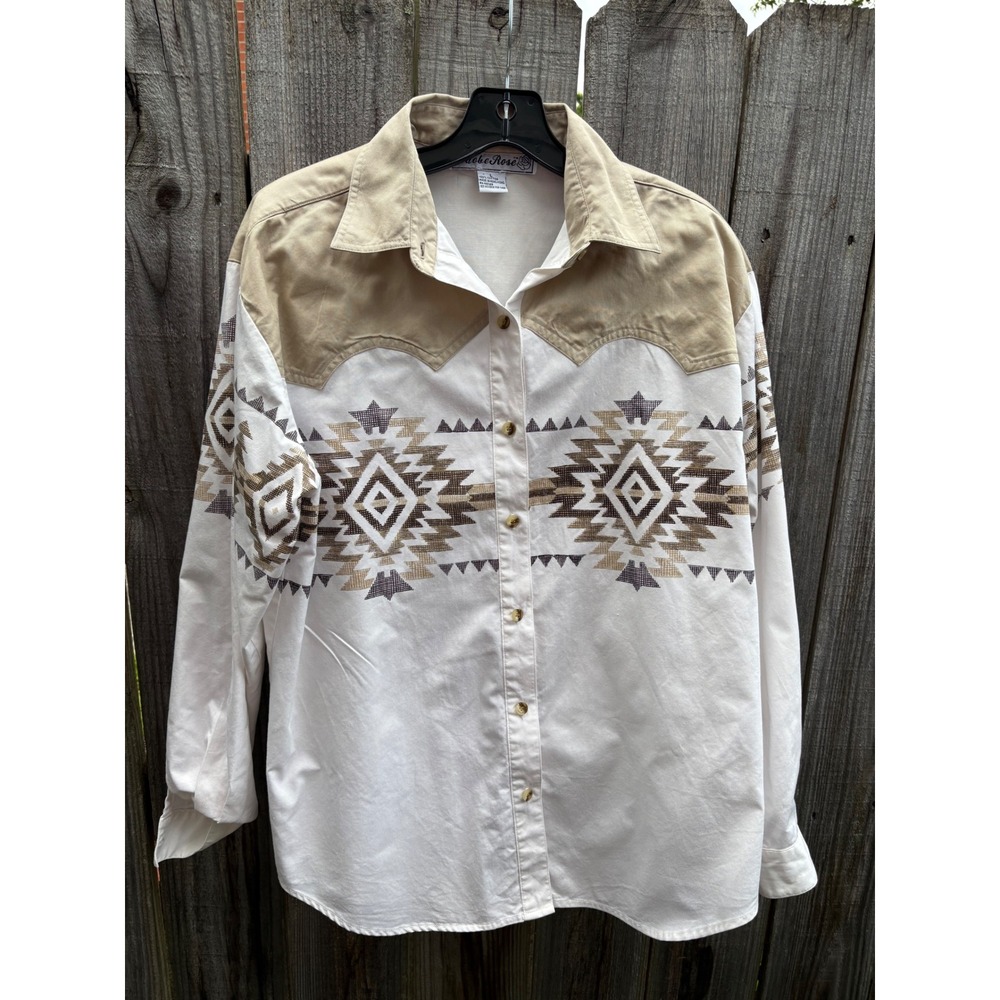 VTG 90s Adobe Rose Western Shirt Southwestern Aztec Print Cotton White Tan L